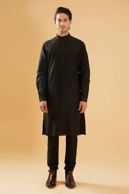 Shop_Raghavendra Rathore Blue_Black Kurta - And Chudidar - Cotton Embroidery Sequin Collar Set _Online_at_Aza_Fashions