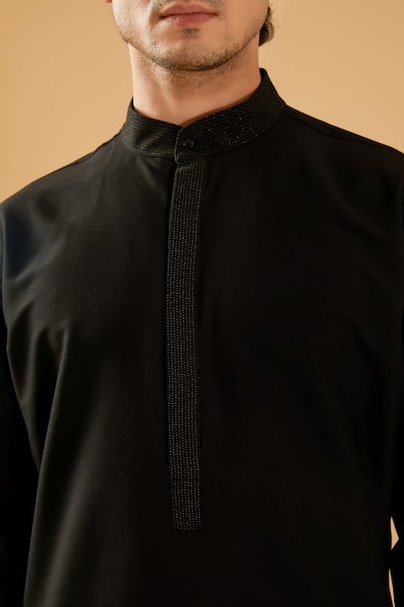 Raghavendra Rathore Blue_Black Kurta - And Chudidar - Cotton Embroidery Sequin Collar Set _at_Aza_Fashions