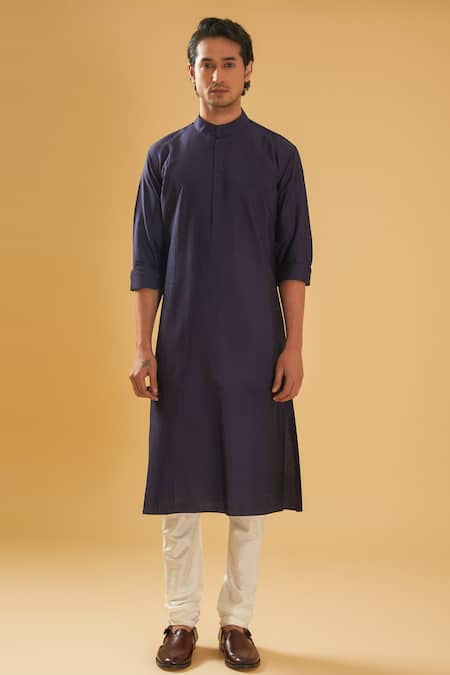Raghavendra Rathore Blue_Yellow Jacquard, Silk, Cotton Textured Bundi And Navy Blue Kurta Set _Online_at_Aza_Fashions