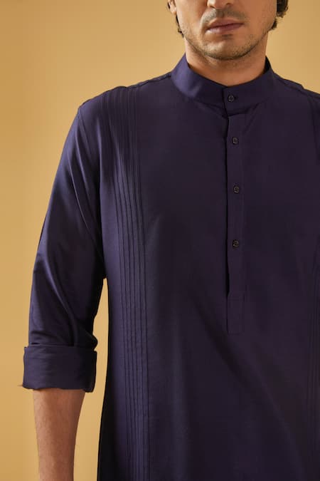 Raghavendra Rathore Blue_Blue Silk Placement Pintuck Detail Kurta _Online_at_Aza_Fashions