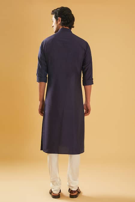 Shop_Raghavendra Rathore Blue_Yellow Jacquard, Silk, Cotton Textured Bundi And Navy Blue Kurta Set _Online_at_Aza_Fashions