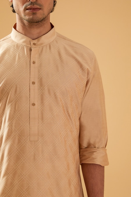 Raghavendra Rathore Blue_Beige Raw Silk Embroidery Thread Checkered Pattern Kurta _Online_at_Aza_Fashions