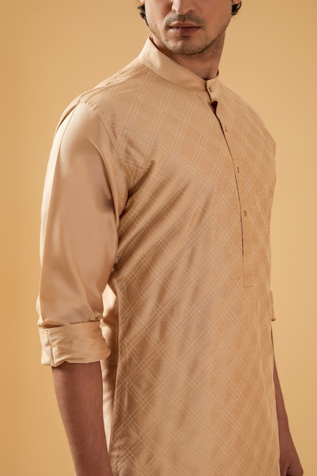 Buy_Raghavendra Rathore Blue_Beige Raw Silk Embroidery Thread Checkered Pattern Kurta _Online_at_Aza_Fashions