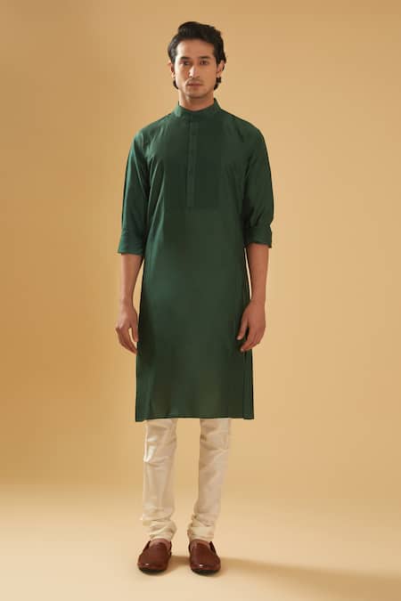Raghavendra Rathore Blue_Green Kurta - Raw And Chudidar - Cotton Placket Pintuck Set _Online_at_Aza_Fashions