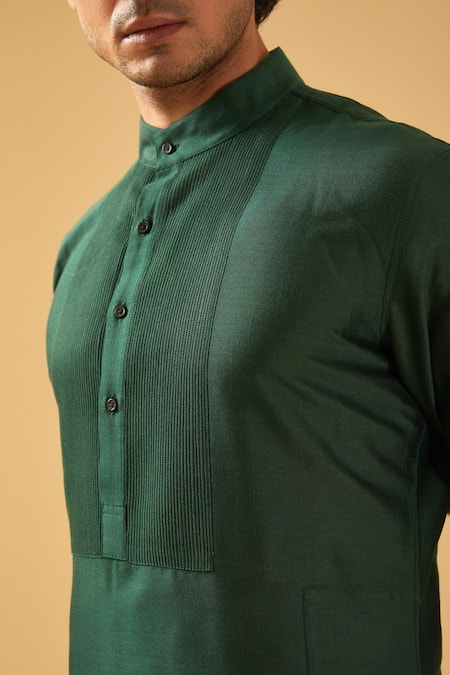 Buy_Raghavendra Rathore Blue_Green Silk Placket Pintuck Kurta _Online_at_Aza_Fashions