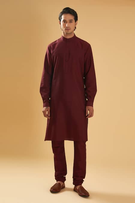 Buy_Raghavendra Rathore Blue_Maroon Silk, Cotton Full Sleeve Kurta Set _Online_at_Aza_Fashions