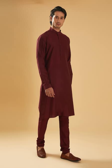 Shop_Raghavendra Rathore Blue_Maroon Silk, Cotton Full Sleeve Kurta Set _Online_at_Aza_Fashions