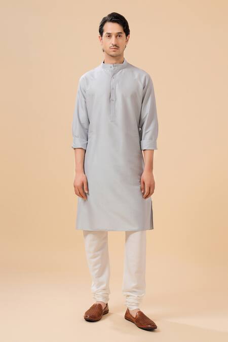 Raghavendra Rathore Blue_Grey Raw Silk Plain Band Collar Kurta With Pant _Online_at_Aza_Fashions