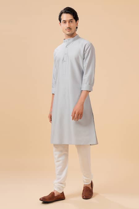 Shop_Raghavendra Rathore Blue_Grey Silk Raw Band Collar Kurta _Online_at_Aza_Fashions