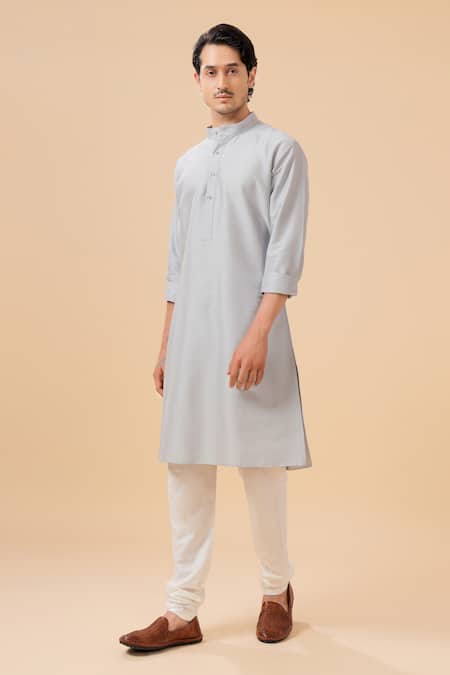 Buy_Raghavendra Rathore Blue_Grey Raw Silk Plain Band Collar Kurta With Pant _Online_at_Aza_Fashions