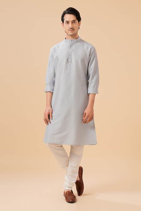 Shop_Raghavendra Rathore Blue_Grey Raw Silk Plain Band Collar Kurta With Pant _Online_at_Aza_Fashions
