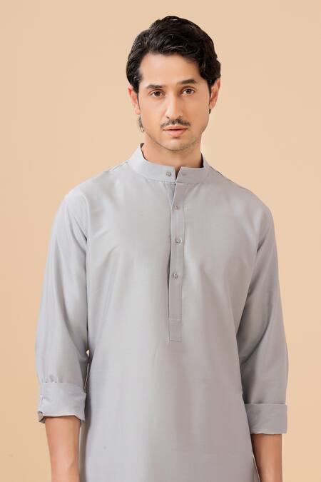 Raghavendra Rathore Blue_Grey Raw Silk Plain Band Collar Kurta With Pant _at_Aza_Fashions