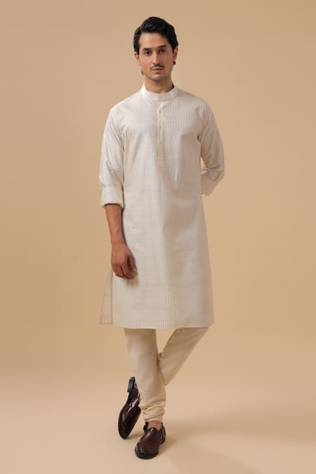Raghavendra Rathore Blue_Off White Silk, Cotton Embroidery Geometric Kurta With Pant _Online_at_Aza_Fashions