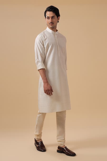 Shop_Raghavendra Rathore Blue_Off White Silk, Cotton Embroidery Geometric Kurta With Pant _Online_at_Aza_Fashions
