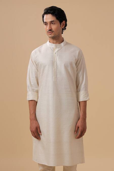 Raghavendra Rathore Blue_Off White Silk, Cotton Embroidery Geometric Kurta With Pant _at_Aza_Fashions