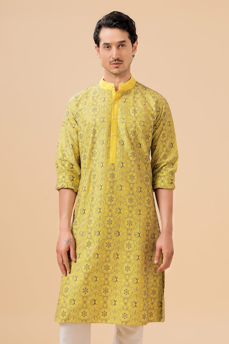 Buy_Raghavendra Rathore Blue_Yellow Silk Embroidery Floral Mandala Kurta _Online_at_Aza_Fashions