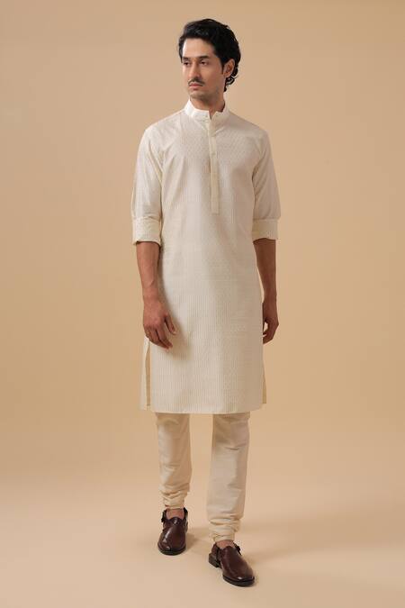 Raghavendra Rathore Blue_Off White Cotton, Silk Embroidery Raw Tonal Kurta With Pant _Online_at_Aza_Fashions