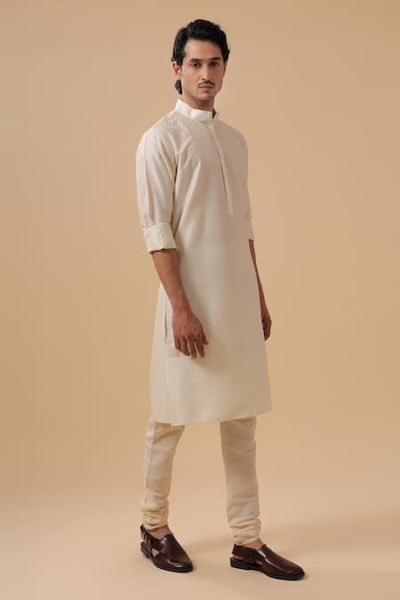 Buy_Raghavendra Rathore Blue_Off White Cotton, Silk Embroidery Raw Tonal Kurta With Pant _Online_at_Aza_Fashions