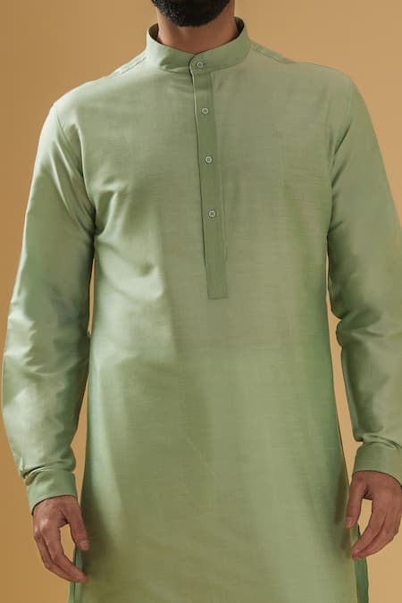 Raghavendra Rathore Blue_Green Silk, Cotton Embroidery Placket Raw Kurta With Pant _Online_at_Aza_Fashions