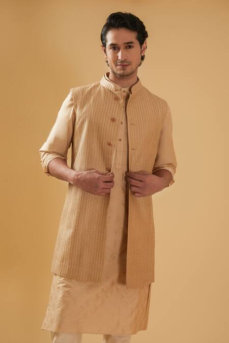 Buy_Raghavendra Rathore Blue_Beige Silk Embroidered Raw Nehru Jacket _Online_at_Aza_Fashions