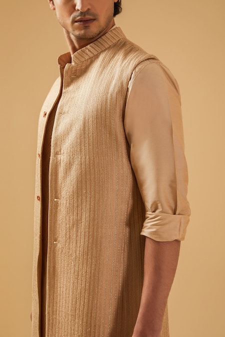 Shop_Raghavendra Rathore Blue_Beige Silk Embroidered Raw Nehru Jacket _Online_at_Aza_Fashions