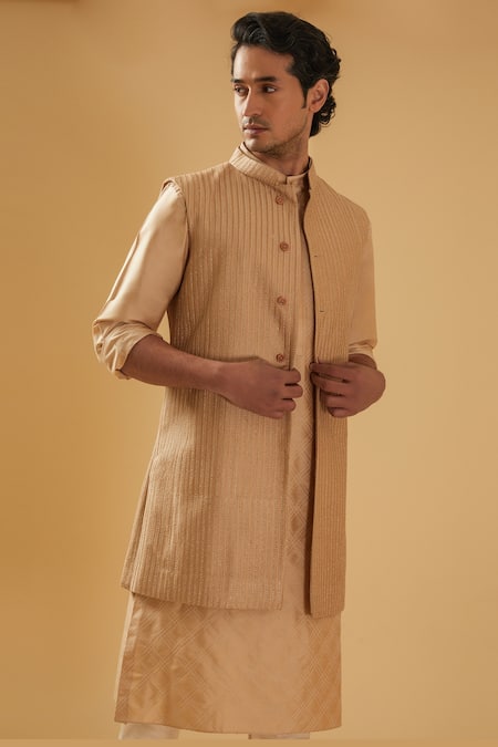 Raghavendra Rathore Blue_Beige Silk Embroidered Raw Nehru Jacket _at_Aza_Fashions