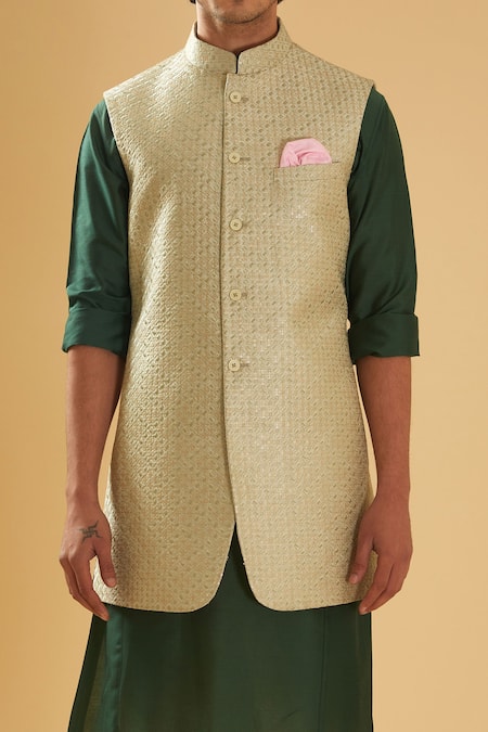 Raghavendra Rathore Blue_Green Silk Sequins, Embroidery Raw Nehru Jacket _Online_at_Aza_Fashions