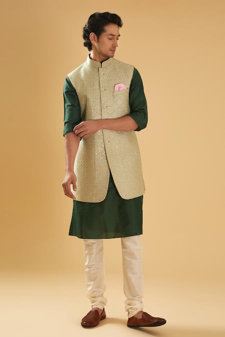 Raghavendra Rathore Blue_Green Silk, Cotton Sequins, Embroidery Mint Zari Bundi Set _at_Aza_Fashions