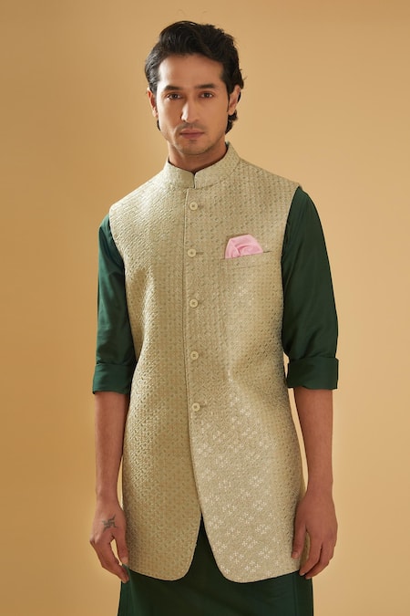 Buy_Raghavendra Rathore Blue_Green Silk, Cotton Sequins, Embroidery Mint Zari Bundi Set 