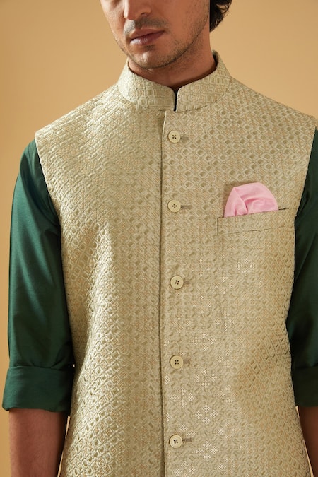 Shop_Raghavendra Rathore Blue_Green Silk, Cotton Sequins, Embroidery Mint Zari Bundi Set 