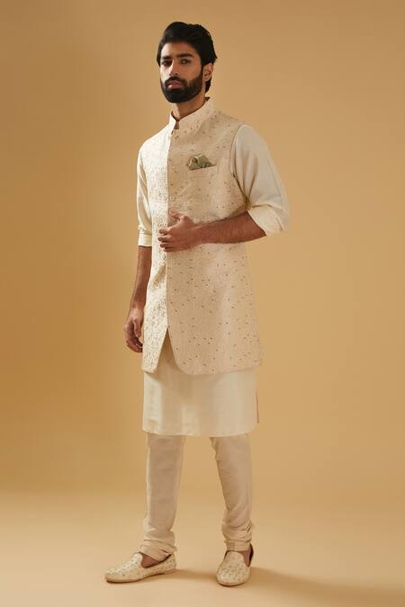 Buy_Raghavendra Rathore Blue_Off White Silk Embroidery Thread Bundi Jacket _Online_at_Aza_Fashions