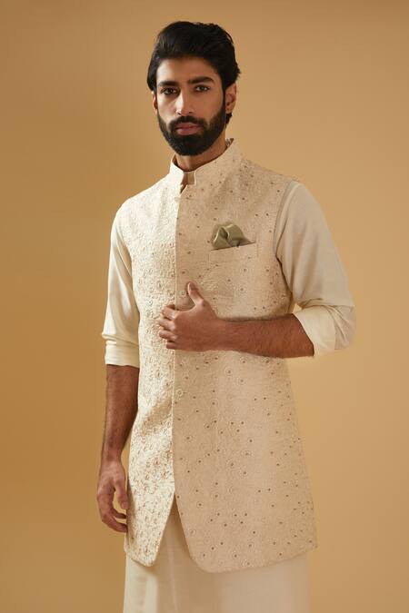 Shop_Raghavendra Rathore Blue_Off White Silk Embroidery Thread Bundi Jacket _Online_at_Aza_Fashions