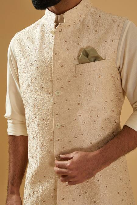 Raghavendra Rathore Blue_Off White Silk Embroidery Thread Bundi Jacket _at_Aza_Fashions