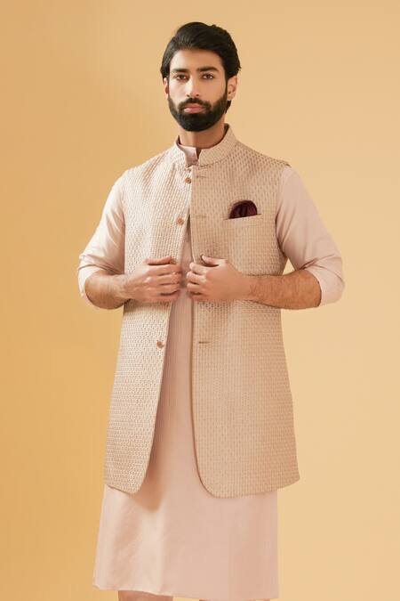 Raghavendra Rathore Blue_Peach Silk Zari, Sequins Embroidered Raw Bundi Jacket _Online_at_Aza_Fashions