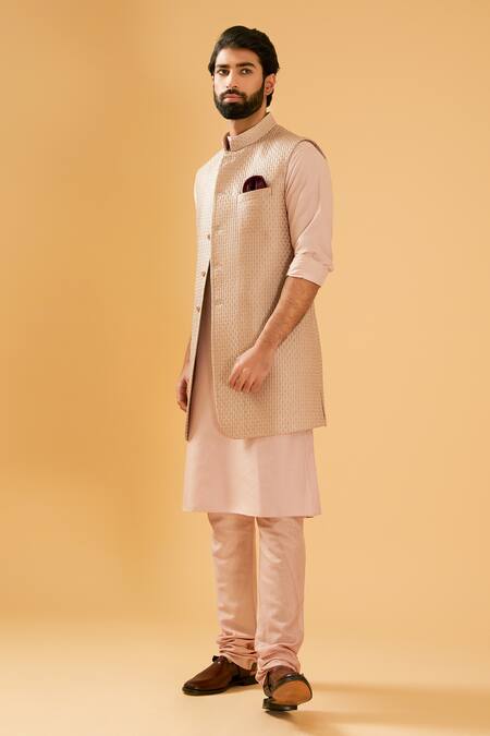 Buy_Raghavendra Rathore Blue_Peach Silk Zari, Sequins Embroidered Raw Bundi Jacket _Online_at_Aza_Fashions