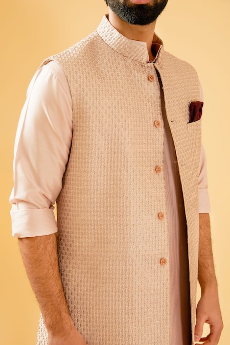 Raghavendra Rathore Blue_Peach Silk Embroidery, Zari, Sequins Bundi And Kurta Set _at_Aza_Fashions