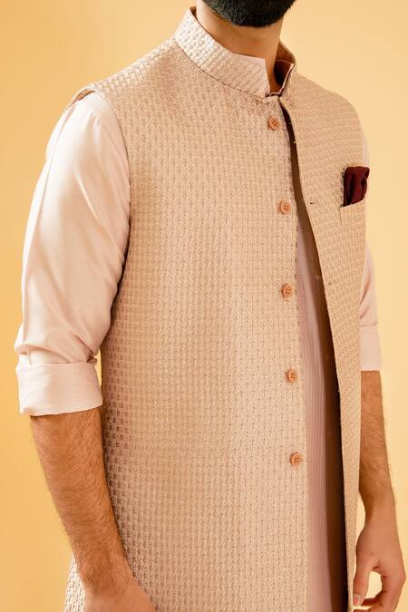 Shop_Raghavendra Rathore Blue_Peach Silk Zari, Sequins Embroidered Raw Bundi Jacket _Online_at_Aza_Fashions