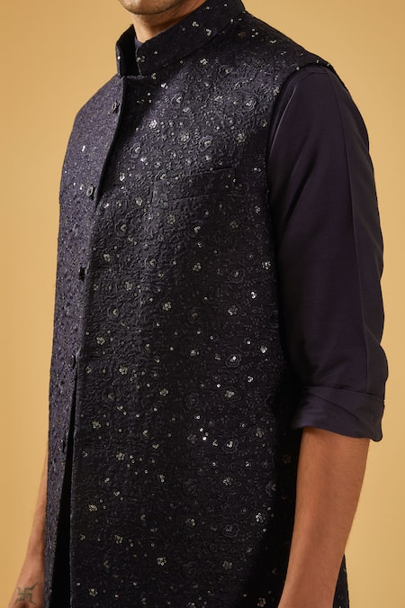 Raghavendra Rathore Blue_Blue Silk Sequins Navy Flower Embroidered Bundi Jacket _Online_at_Aza_Fashions