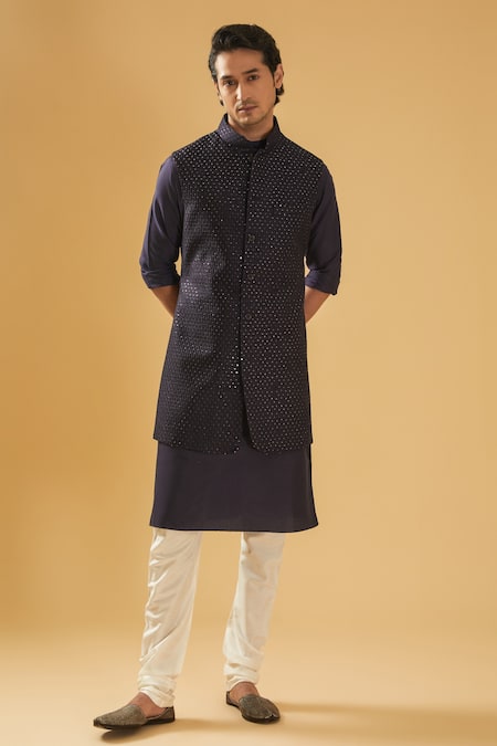 Raghavendra Rathore Blue_Blue Silk Sequins Embellished Bundi Jacket _Online_at_Aza_Fashions