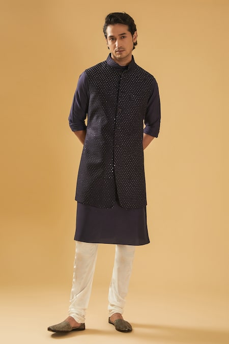 Shop_Raghavendra Rathore Blue_Blue Silk, Cotton Embroidery, Sequins Navy Bundi Set _Online_at_Aza_Fashions