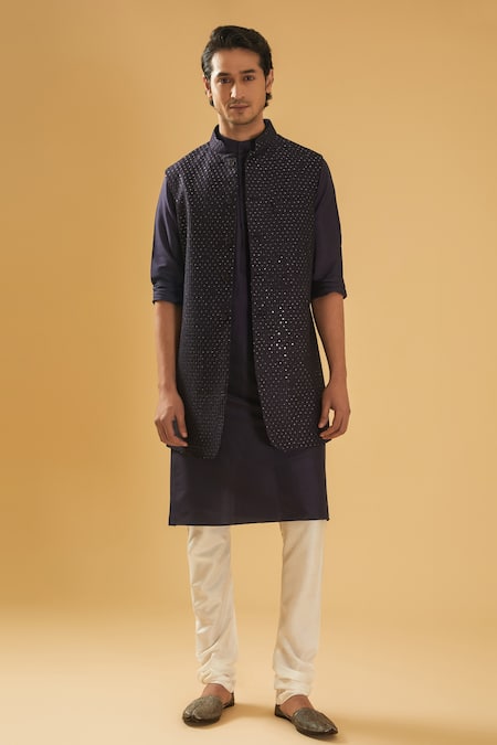 Buy_Raghavendra Rathore Blue_Blue Silk Sequins Embellished Bundi Jacket _Online_at_Aza_Fashions