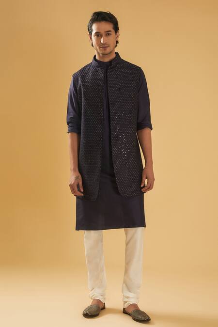 Raghavendra Rathore Blue_Blue Silk, Cotton Embroidery, Sequins Navy Bundi Set _at_Aza_Fashions