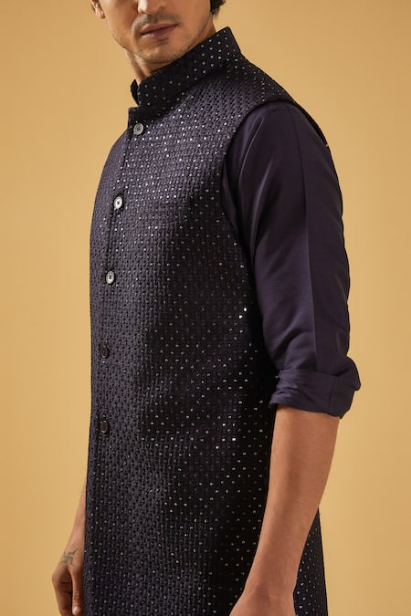 Shop_Raghavendra Rathore Blue_Blue Silk Sequins Embellished Bundi Jacket _Online_at_Aza_Fashions