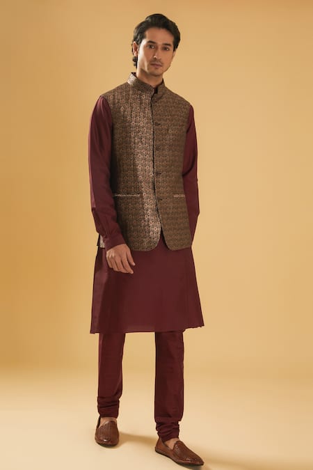 Buy_Raghavendra Rathore Blue_Black Brocade Embroidery Floral Nehru Jacket _Online_at_Aza_Fashions