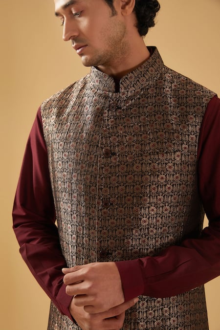Raghavendra Rathore Blue_Black Brocade Embroidery Floral Nehru Jacket _at_Aza_Fashions