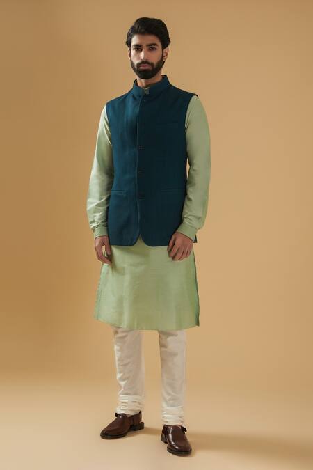 Buy_Raghavendra Rathore Blue_Blue Jacquard, Silk, Cotton Textured Bundi And Kurta Set _Online_at_Aza_Fashions