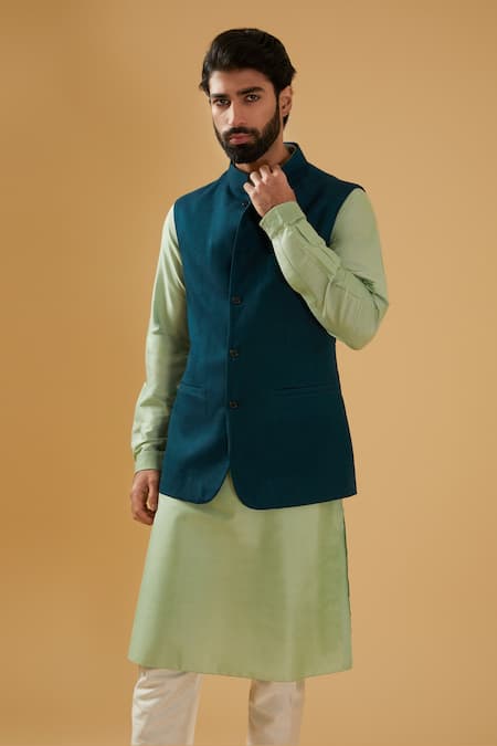 Shop_Raghavendra Rathore Blue_Blue Jacquard, Silk, Cotton Textured Bundi And Kurta Set _Online_at_Aza_Fashions