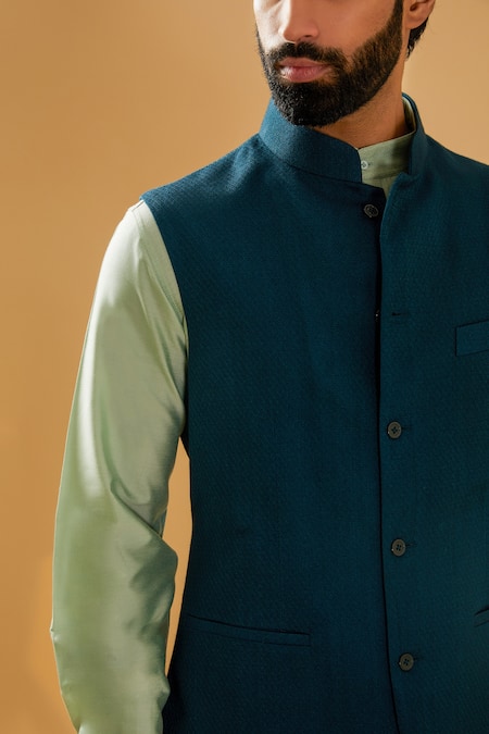 Shop_Raghavendra Rathore Blue_Blue Jacquard Textured Nehru Jacket _Online_at_Aza_Fashions