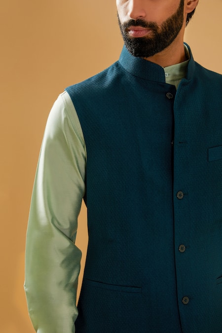 Raghavendra Rathore Blue_Blue Jacquard, Silk, Cotton Textured Bundi And Kurta Set _at_Aza_Fashions