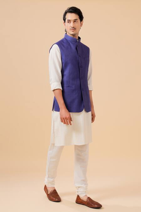 Raghavendra Rathore Blue_Blue Jaquard Self Design Sleeveless Jacket _Online_at_Aza_Fashions
